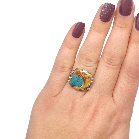 Spiny Oyster Turquoise Matrix Stone Ring Sterling Silver 925 Sz Size 6 - Picture 1 of 6